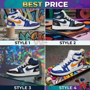 A grid showing four distinct custom high top sneakers with various colors and designs in different creative environments like graffiti vinyl and a skateboard!