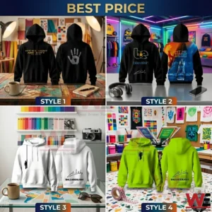 Four different custom Billie Eilish hoodie design options displayed in stylized studio settings!