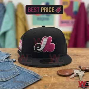 Black Montreal Expos Bright Rose Pink Logo Cap 7 Black Montreal Expos fitted baseball cap with pink and white embroidered logo.
