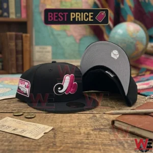 Black Montreal Expos Bright Rose Pink Logo Cap 9 Montreal Expos black and pink fitted cap with commemorative side patch.