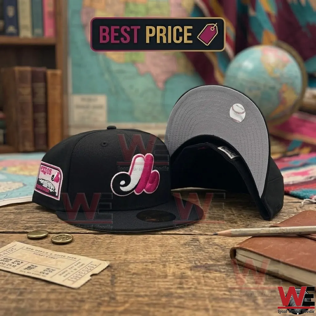 Black Montreal Expos Bright Rose Pink Logo Cap 5 Montreal Expos black and pink fitted cap with commemorative side patch.