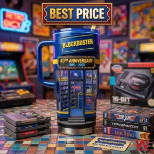 Blockbuster 40th anniversary themed tumbler cup in a 1980s retro game room.