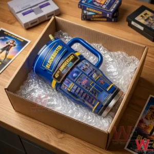 Blockbuster 40th anniversary themed drink tumbler in shipping box