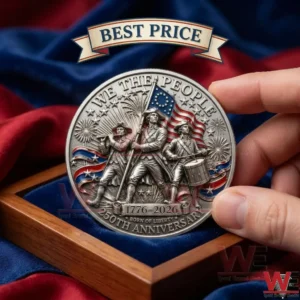 Commemorative coin for the 250th anniversary of the United States featuring Revolutionary War figures.