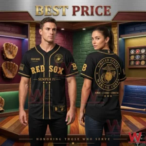 Man and woman modeling a black and gold Red Sox United States Marine Corps baseball jersey.