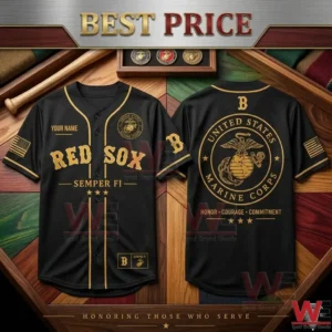 Black and gold custom Boston Red Sox United States Marine Corps baseball jersey