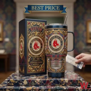 Ornate Boston Red Sox insulated tumbler and matching gift box with baseball-themed details.