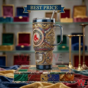 Custom engraved Boston Red Sox themed Yeti tumbler on a marble display base