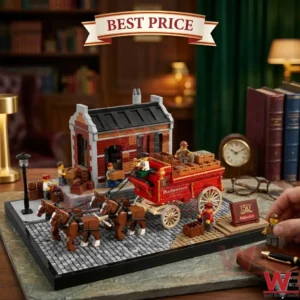 A detailed LEGO brick-built scene featuring a Budweiser Clydesdale wagon and historical brewery building.