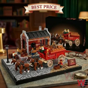 Budweiser 150th Anniversary Edition Clydesdale Carriage Scene Building Blocks 4 A detailed brick-built model set featuring a vintage horse-drawn delivery carriage and a brick station building.