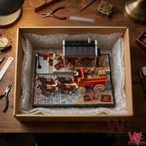 Budweiser 150th Anniversary Edition Clydesdale Carriage Scene Building Blocks 5 A Budweiser horse-drawn carriage building block set displayed in an open cardboard box.