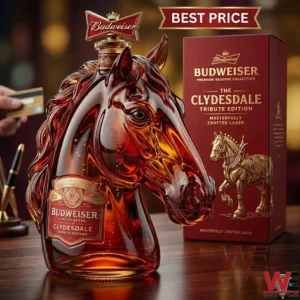 A decorative Clydesdale horse-shaped Budweiser beer decanter next to its premium packaging box.