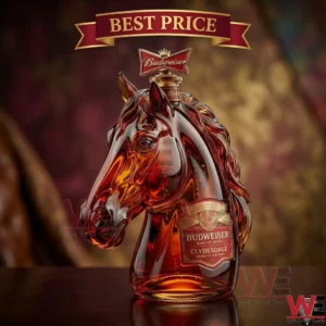 A glass Budweiser Clydesdale tribute bottle in the shape of a horse head.