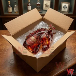 A decorative Budweiser Clydesdale horse-shaped glass decanter nestled in a cardboard box with bubble wrap.