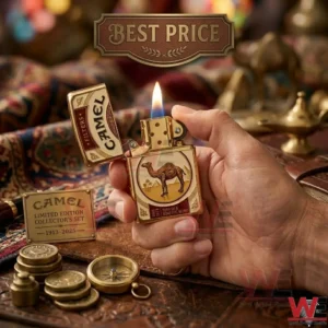 A hand holding a gold Camel branded metal lighter with a lit flame, next to a collector plaque and vintage brass items.