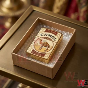 Gold Camel cigarettes branded lighter in bubble-wrapped cardboard box