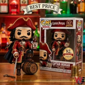 A pirate captain vinyl figure with its product box and a golden mug on a bar counter.