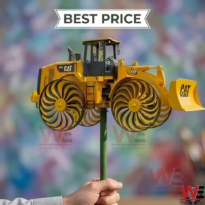 Caterpillar 824 wheel dozer toy held on a pole against a colorful background