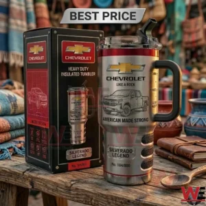 Chevrolet Silverado insulated tumbler with gift box on a wooden table.