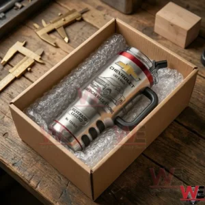 Silver Chevrolet Silverado insulated tumbler in a shipping box