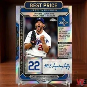 A photorealistic image of a Clayton Kershaw baseball trading card resting on a clear stand. The central image is Kershaw in a white Dodgers uniform yelling with excitement. Various text blocks list stats and career notes. The bottom signature field reads MLB Legendary Lefty. A text badge is at the top.