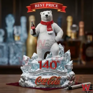 Coca-Cola 140th anniversary commemorative figurine featuring a polar bear with a Coke bottle.