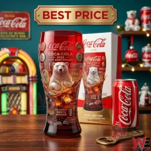 A red glass and a soda can on a wooden table with a jukebox in the background!