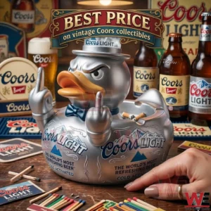 Angry duck shaped silver metal ashtray on a wooden bar with beer collectibles!