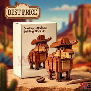 Cowboy capybara building block toy set against a desert background
