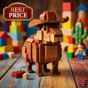 Cowboy Capybara Building Block Set 5 A capybara made from brown building blocks wearing a cowboy hat standing on a wooden surface.