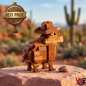 Cowboy Capybara Building Block Set 6 A small brick-built brown desert creature wearing a cowboy hat standing on a rocky surface.