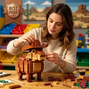 Cowboy Capybara Building Block Set 7 A woman carefully assembling a brown capybara figure made of building blocks at a wooden table.
