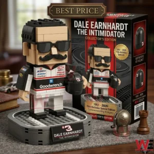 Brick-built figure of NASCAR legend Dale Earnhardt wearing a black Goodwrench racing suit on a commemorative display base.