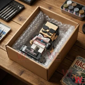 Custom brick-built figurine of Dale Earnhardt in a shipping box
