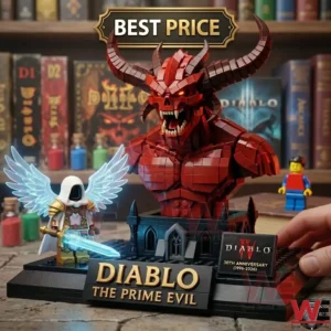 A detailed Diablo brick-built bust display featuring the Prime Evil and an angelic minifigure.