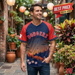 A man wearing a Dodgers jersey with Japanese-inspired landscape art