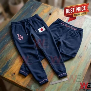Navy blue Los Angeles Dodgers sweatpants with Japan flag and pink accents
