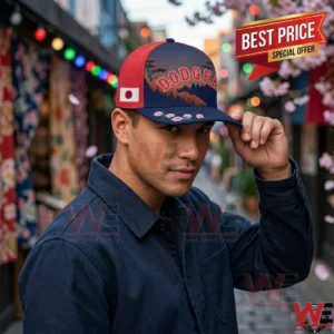 Man wearing a Los Angeles Dodgers baseball cap with Japanese aesthetic elements
