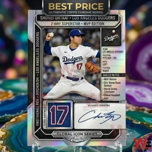 Shohei Ohtani baseball card with a jersey patch and autograph on a colorful background!