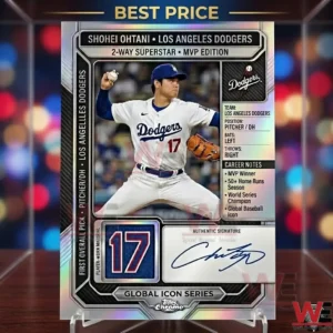 Shohei Ohtani collectible card standing in a case with blurred red and blue lights!