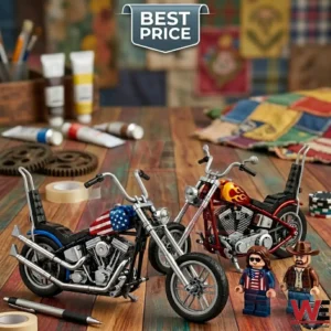 Two custom toy chopper motorcycles with miniature figurines on a rustic wooden workshop table.