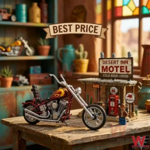 A miniature brick-built chopper motorcycle sitting next to a desert-themed motel gas station model.