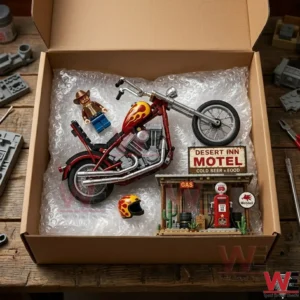 Custom building block set featuring a red flame chopper motorcycle, cowboy minifigure, and desert motel diorama in shipping box.