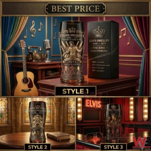 A collage of three commemorative glasses featuring Elvis Presley with various music related backgrounds!