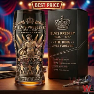 Close up of a commemorative Elvis Presley glass and its box featuring the 1973 Hawaii concert theme!