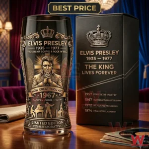 Commemorative glass for Elvis Presley with a gospel theme showing him praying near a cross!