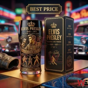 Commemorative glass and box of Elvis Presley highlighting the 1957 Jailhouse Rock era!