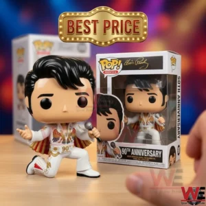 A collectible figure of a rock singer in a white eagle jumpsuit kneeling with a microphone.