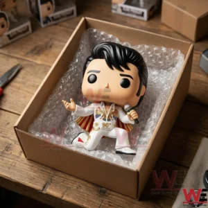 A white jumpsuit singer figure packed in a brown shipping box with bubble wrap.