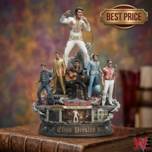 Elvis Presley collectible figure display featuring multiple iconic outfits and Graceland imagery